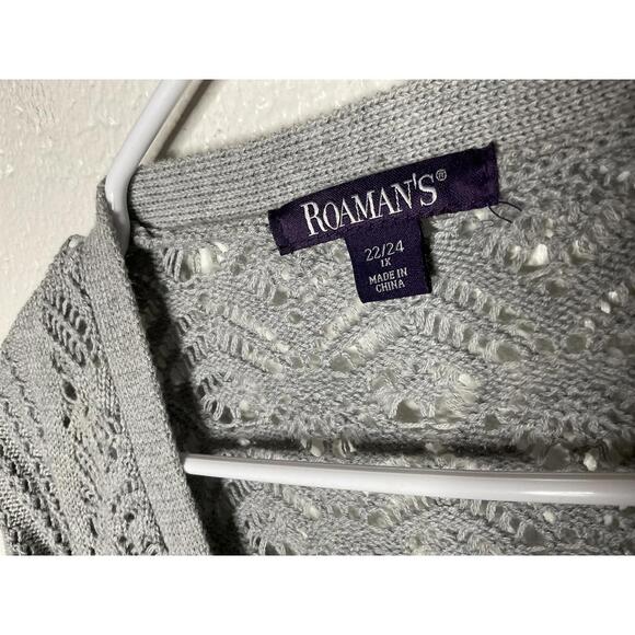 < Roaman’s Plus Size Open Knit Gray Cardigan > - Picture 2 of 4